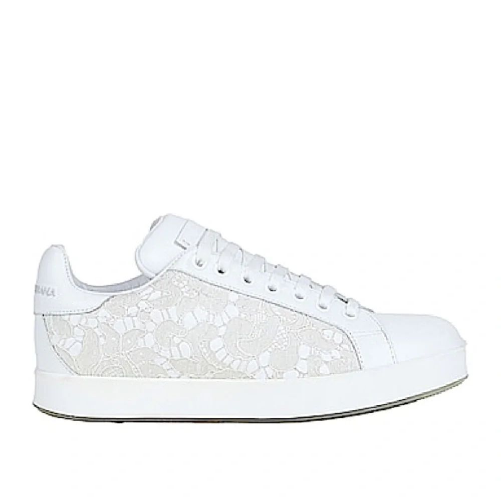 Dolce & Gabbana Portofino White Lace Detail Leather Platform Trainer Sneakers